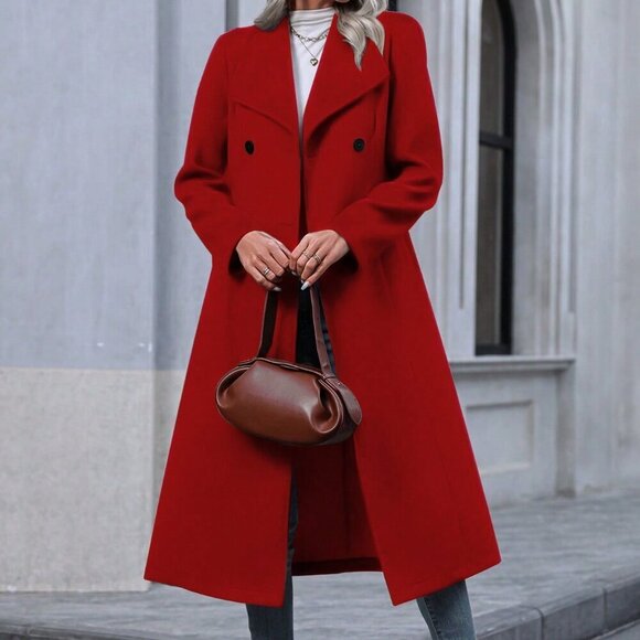 Jackets & Blazers - Red Casual Women's Woolen Coat With Button Fastening